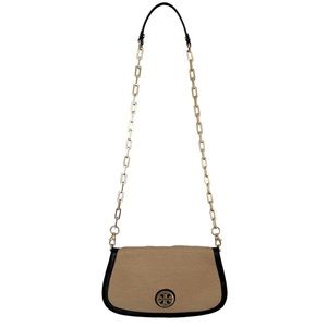 Tory Burch Straw Bag With Leather Trim and Gold Chain Crossbody